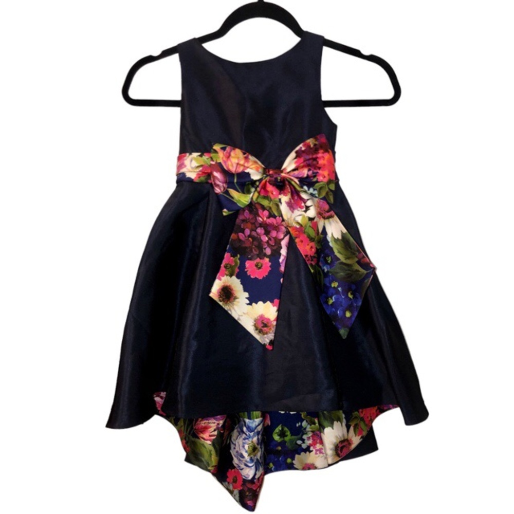 Rare Editions Special Occasion Navy Hi-Lo Dress, colorful bow & matching liner.